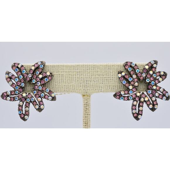 Givenchy Vintage Crystal Flower Earrings AB Pink Rhinestone Signed 1990s Bin8 - Picture 1 of 9